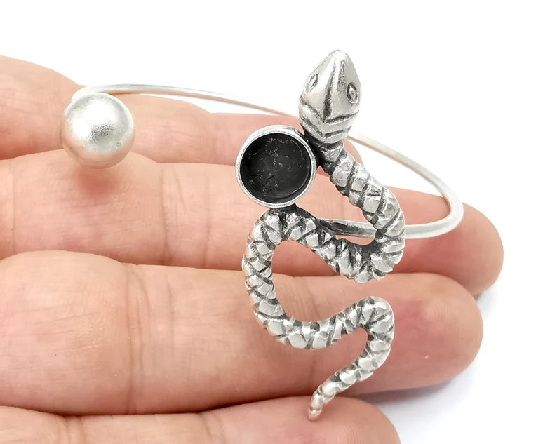Snake Adjustable Bracelet Bases, Resin Cuff Blanks, Cabochon Bezel, Mosaic Mountings, Dry flower, Antique Silver Plated Brass (8mm) G28191