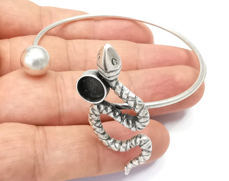 Snake Adjustable Bracelet Bases, Resin Cuff Blanks, Cabochon Bezel, Mosaic Mountings, Dry flower, Antique Silver Plated Brass (8mm) G28191