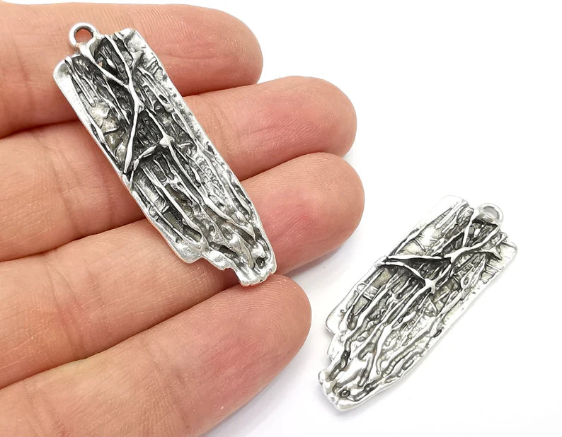 Wood Bark Textured Charms Antique Silver Plated Charms (49x16mm) G28061