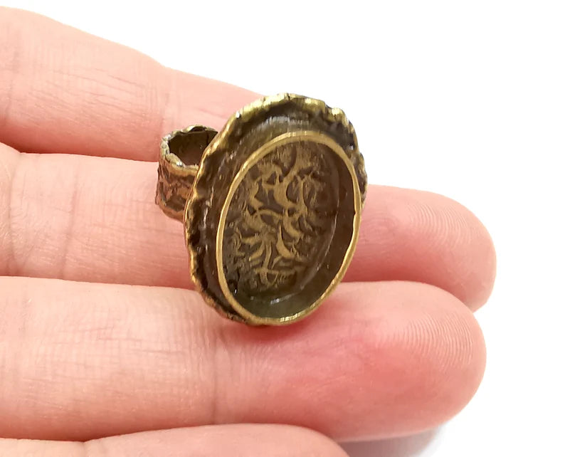 Oval Ring Blank Setting inlay Blank Mosaic Bezel Base Cabochon Mountings Antique Bronze Plated Brass (18x13mm Blank ) G28198
