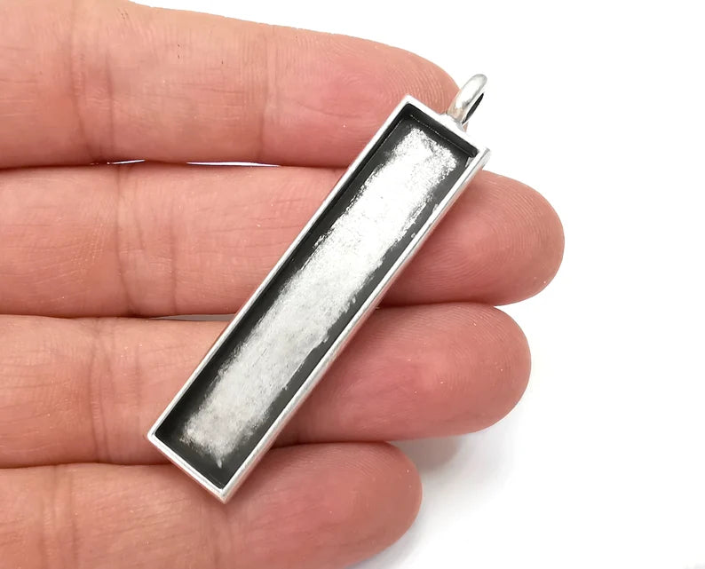 Rectangle Pendant Blanks, Resin Bezel Bases, Mosaic Mountings, Dry flower Frame, Polymer Clay base, Antique Silver Plated (50x10mm) G28104