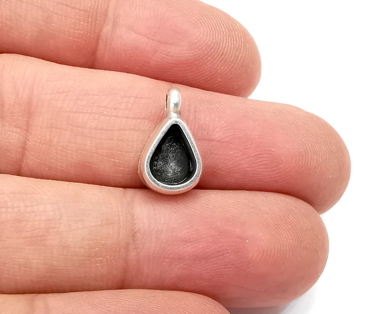 Drop Pear Pendant Blanks Resin Bezel Base Mosaic Mountings Antique Silver Plated (15x8mm) (8x6mm Blank Size) G28105