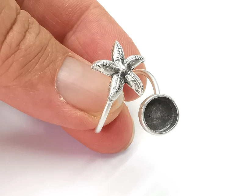 Starfish Ring Blanks, Resin Bezel Bases, Mosaic Mountings, Dry flower Frame, Insert Cabochon , Antique Silver Plated Brass (8mm) G28110