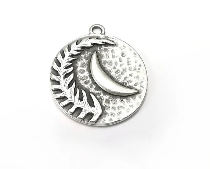 Fern Leaf Charms Crescent Hammered Disc Pendant Antique Silver Plated Plated (29x25mm) G28132