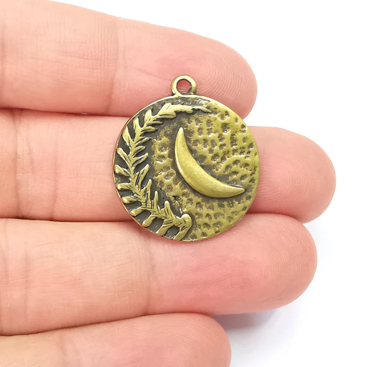 Fern Leaf and Moon Charms Hammered Crescent Pendant Antique Bronze Plated Plated (29x25mm) G28162