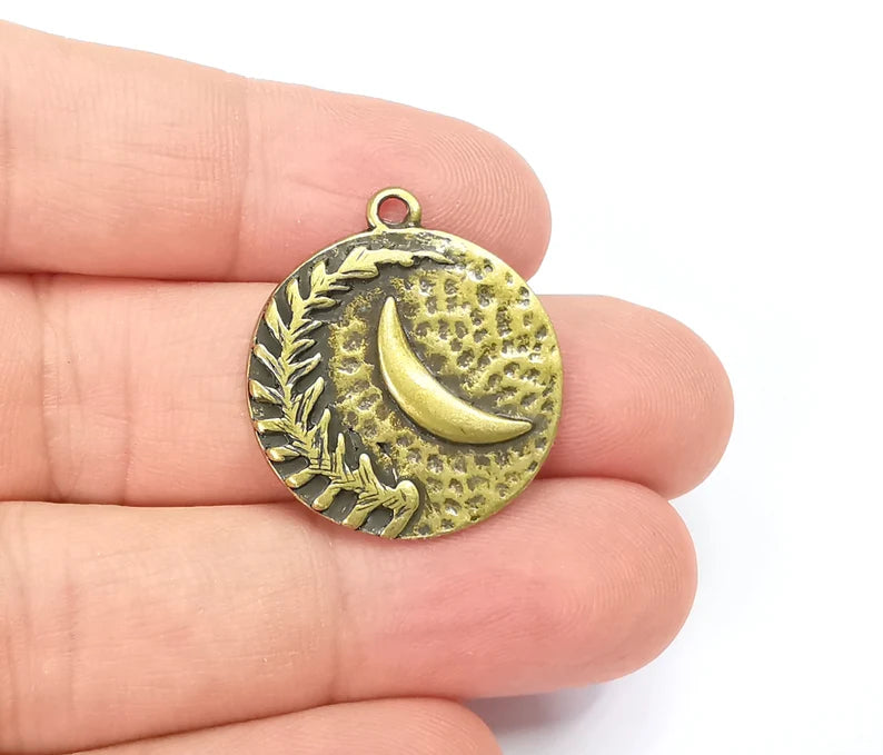 Fern Leaf and Moon Charms Hammered Crescent Pendant Antique Bronze Plated Plated (29x25mm) G28162