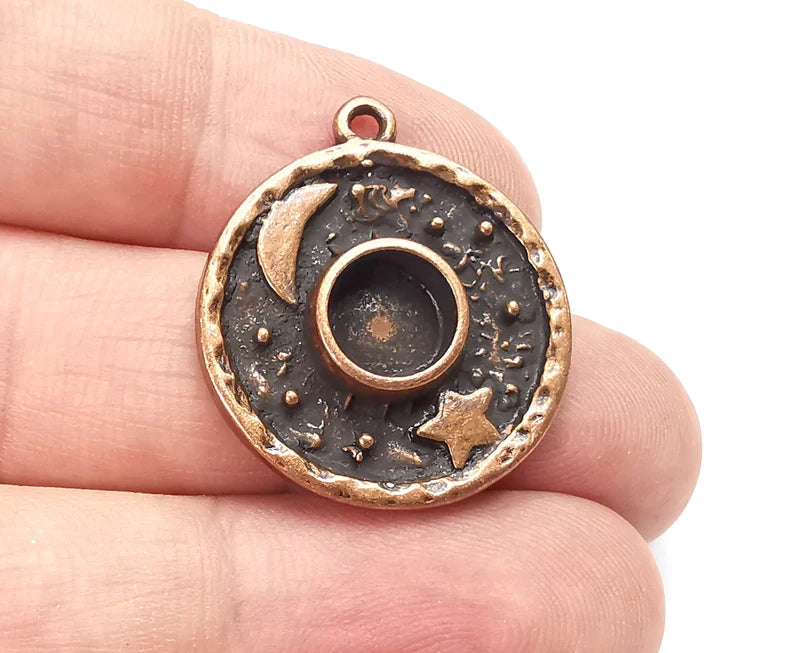 Crescent Moon Star Charms Round Blank Bezel Pendant Antique Copper Plated (8mm Blank) G28167