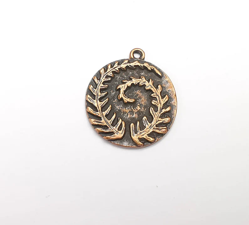 Fern Leaf Charms Hammered Disc Pendant Antique Copper Plated (28x24mm) G28175