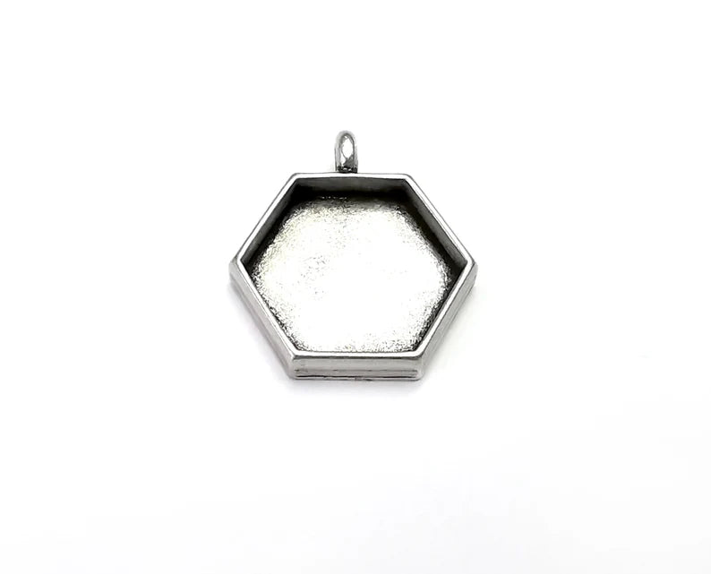 Hexagonal Pendant Blanks, Resin Bezel Bases, Mosaic Mountings, Dry flower Frame, Polymer Clay base, Antique Silver Plated (20mm) G28179