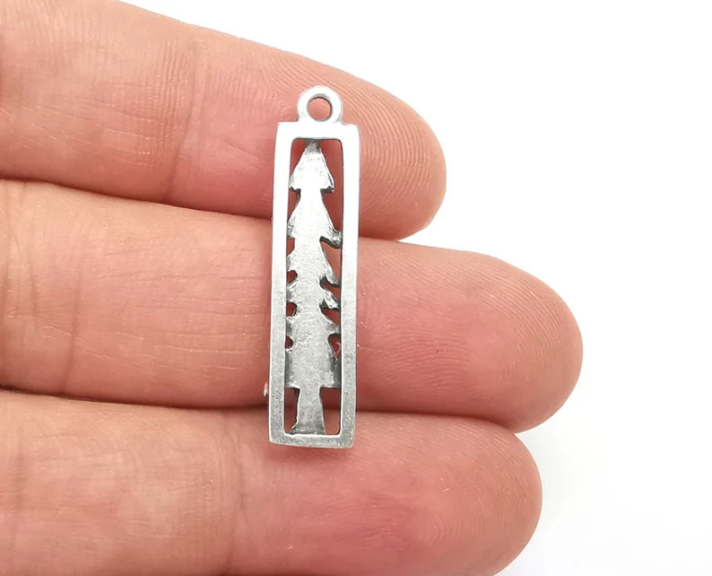 Tree Charms Antique Silver Plated Pine Tree DIY Charms, Dangle Earring Component (33x8mm) G28183