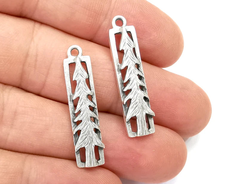 Tree Charms Antique Silver Plated Pine Tree DIY Charms, Dangle Earring Component (33x8mm) G28183