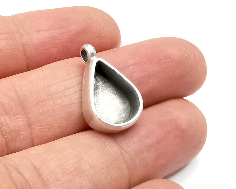 Drop Pear Pendant Blanks Resin Bezel Base Mosaic Mountings Antique Silver Plated (14x10mm Blank Size) G28185