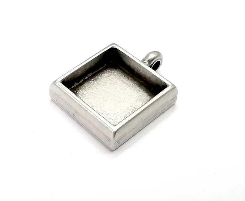 Square Pendant Blanks Resin Bezel Base Mosaic Mountings Antique Silver Plated (12mm Blank Size) G28186
