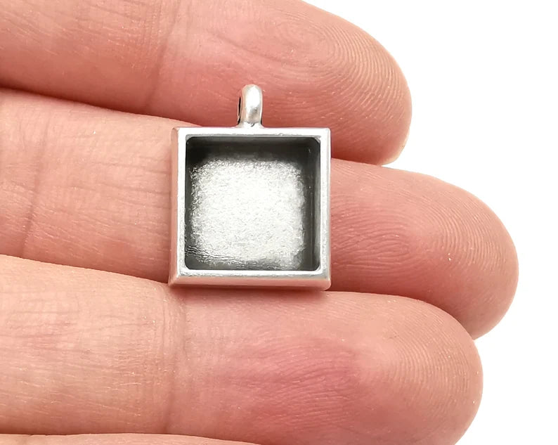 Square Pendant Blanks Resin Bezel Base Mosaic Mountings Antique Silver Plated (12mm Blank Size) G28186
