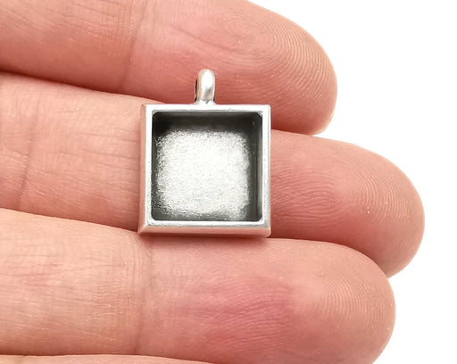 Square Pendant Blanks Resin Bezel Base Mosaic Mountings Antique Silver Plated (12mm Blank Size) G28186