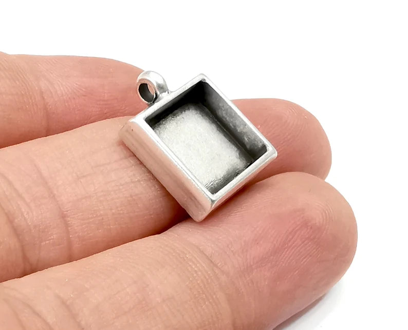 Square Pendant Blanks Resin Bezel Base Mosaic Mountings Antique Silver Plated (12mm Blank Size) G28186