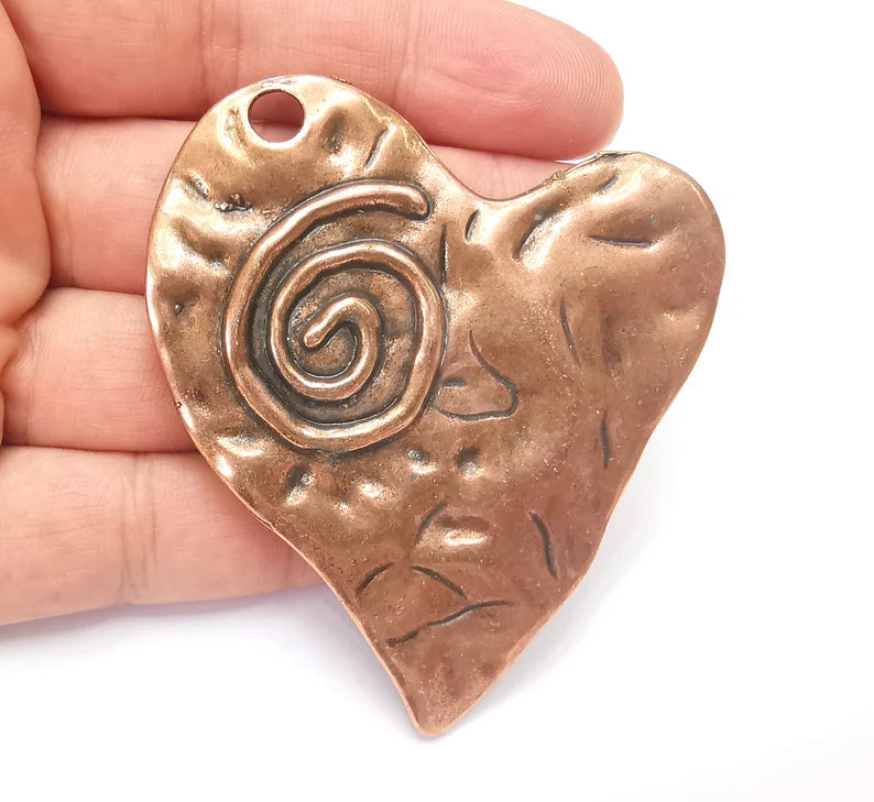 Spiral Heart Pendant, Antique Copper Plated Large Pendant (70x67mm) G28187