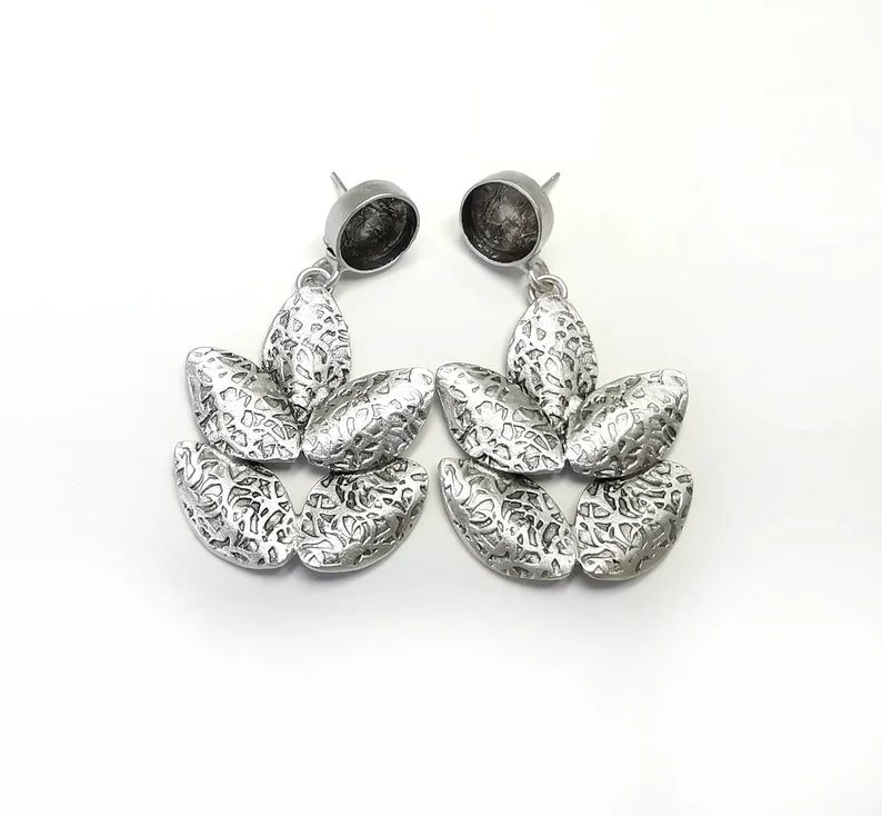 Leaf Round Blank Silver Earring Set Base Wire Antique Silver Plated Brass Earring Base (10mm blank) G28354