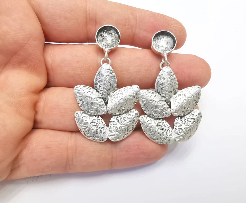 Leaf Round Blank Silver Earring Set Base Wire Antique Silver Plated Brass Earring Base (10mm blank) G28354