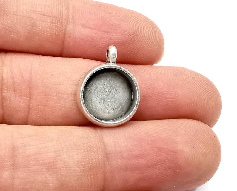 Round Pendant Blanks Resin Bezel Base Mosaic Mountings Antique Silver Plated (10mm Blank Size) G28196
