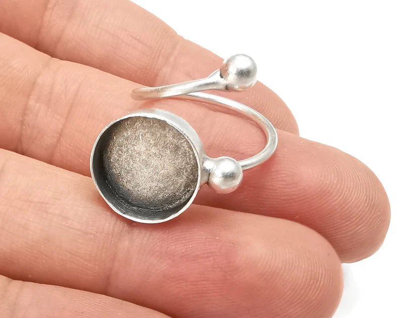 Wrap Ball Round Blank Silver Ring Setting Cabochon Mounting Adjustable Ring Base Bezel Antique Silver Plated Brass (14mm blank) G33925