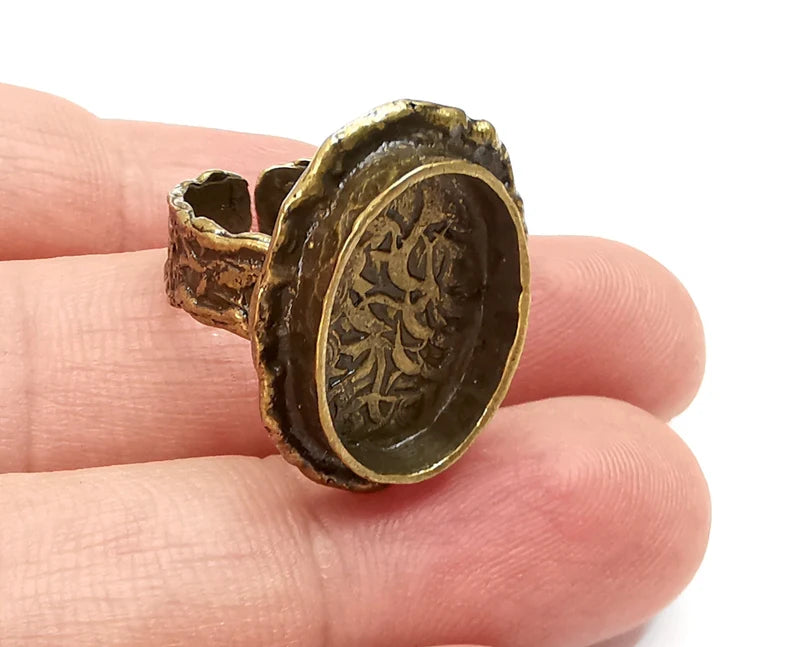 Oval Ring Blank Setting inlay Blank Mosaic Bezel Base Cabochon Mountings Antique Bronze Plated Brass (18x13mm Blank ) G28198