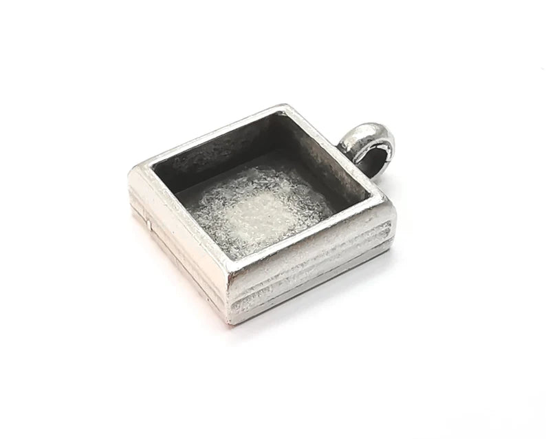 Square Pendant Blanks Resin Bezel Base Mosaic Mountings Antique Silver Plated (10mm Blank Size) G28199