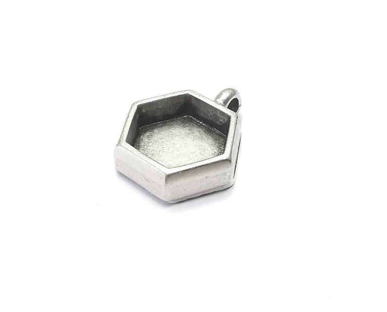 Hexagonal Pendant Blanks, Resin Bezel Bases, Mosaic Mountings, Dry flower Frame, Polymer Clay base, Antique Silver Plated (10mm) G28378