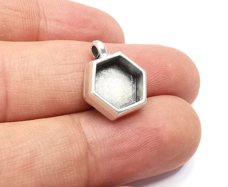 Hexagonal Pendant Blanks, Resin Bezel Bases, Mosaic Mountings, Dry flower Frame, Polymer Clay base, Antique Silver Plated (10mm) G28378