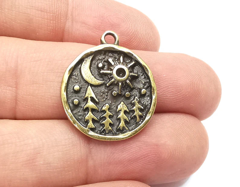 Pine Tree Forest Moon Stars Charms Crescent Night Pendant Antique Bronze Plated Charms (25x21mm) G28381