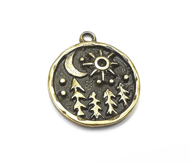 Pine Tree Forest Moon Stars Charms Crescent Night Pendant Antique Bronze Plated Charms (25x21mm) G28381