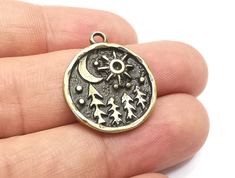 Pine Tree Forest Moon Stars Charms Crescent Night Pendant Antique Bronze Plated Charms (25x21mm) G28381