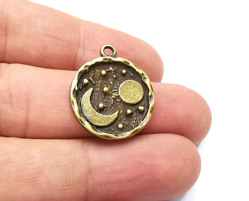 Crescent Moon Charms Sun and Moon Charms Crescent Stars Charms Moonrise Pendant Antique Bronze Plated (25x21mm) G28393