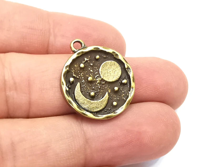 Crescent Moon Charms Sun and Moon Charms Crescent Stars Charms Moonrise Pendant Antique Bronze Plated (25x21mm) G28393