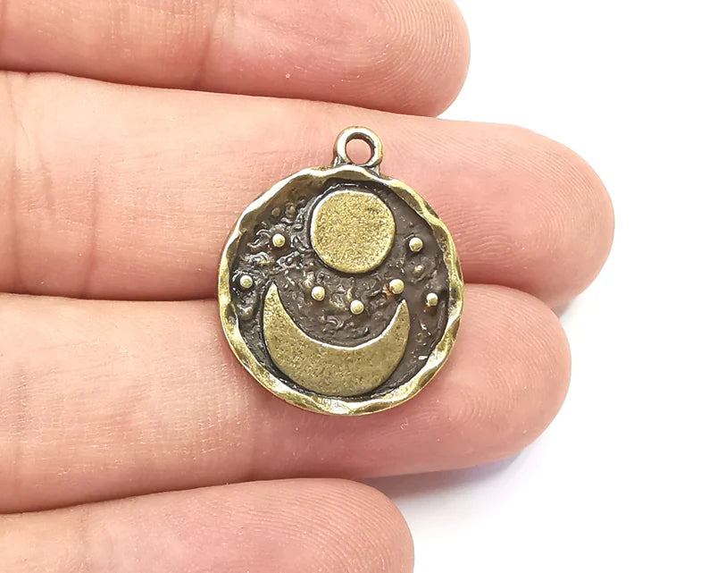 Crescent Moon Charms Sun and Moon Charms Crescent Stars Charms Moonrise Pendant Antique Bronze Plated Charms (25x21mm) G28396