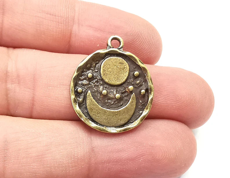 Crescent Moon Charms Sun and Moon Charms Crescent Stars Charms Moonrise Pendant Antique Bronze Plated Charms (25x21mm) G28396