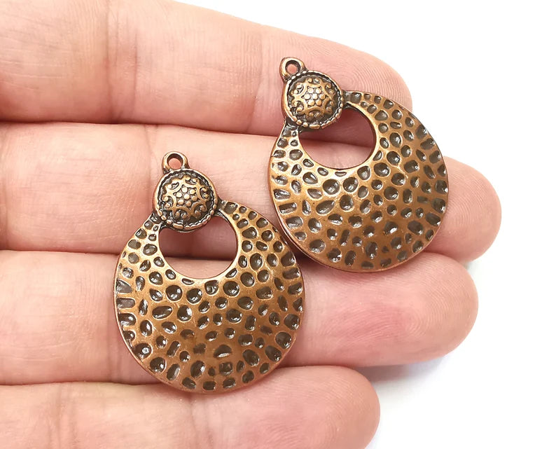 Hammered Dome Round Charms Antique Copper Plated Charms, Earring Dangle Components (35x27mm) G28429