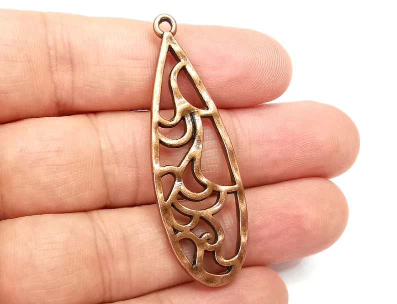 Patterned Drop Charms Organic Shape Antique Copper Plated (53x17mm) G28353