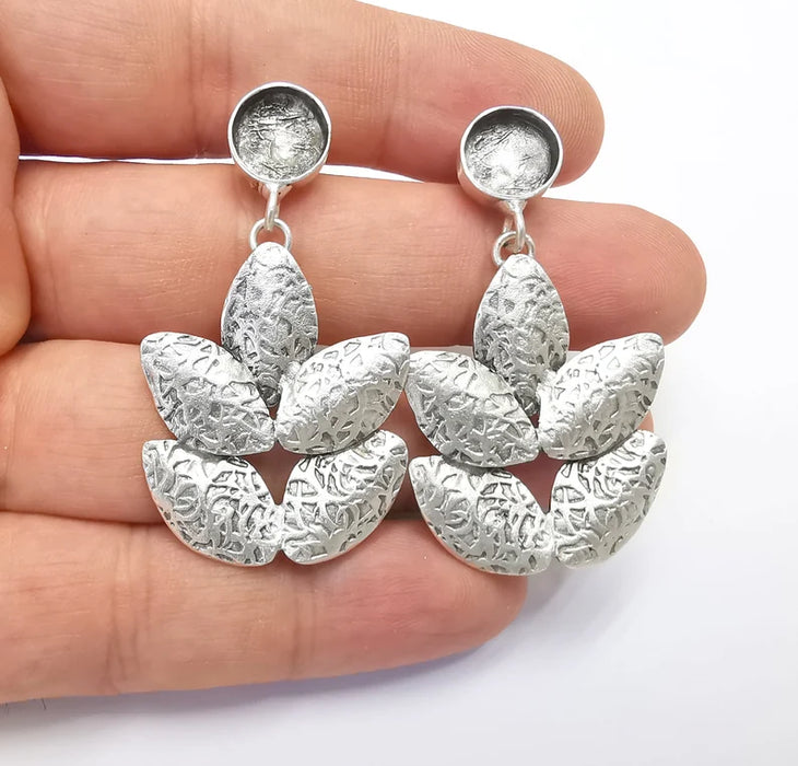 Leaf Round Blank Silver Earring Set Base Wire Antique Silver Plated Brass Earring Base (10mm blank) G28354