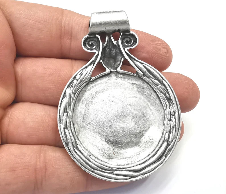 Swirl Round Pendant Blank Bezel Settings Antique Silver Plated (29mm Blank) G5192