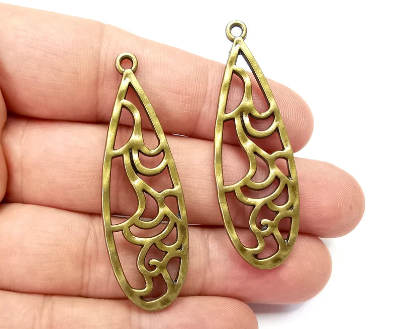 Hammered Drop Charms Organic Shape Antique Bronze Plated (53x17mm) G28390