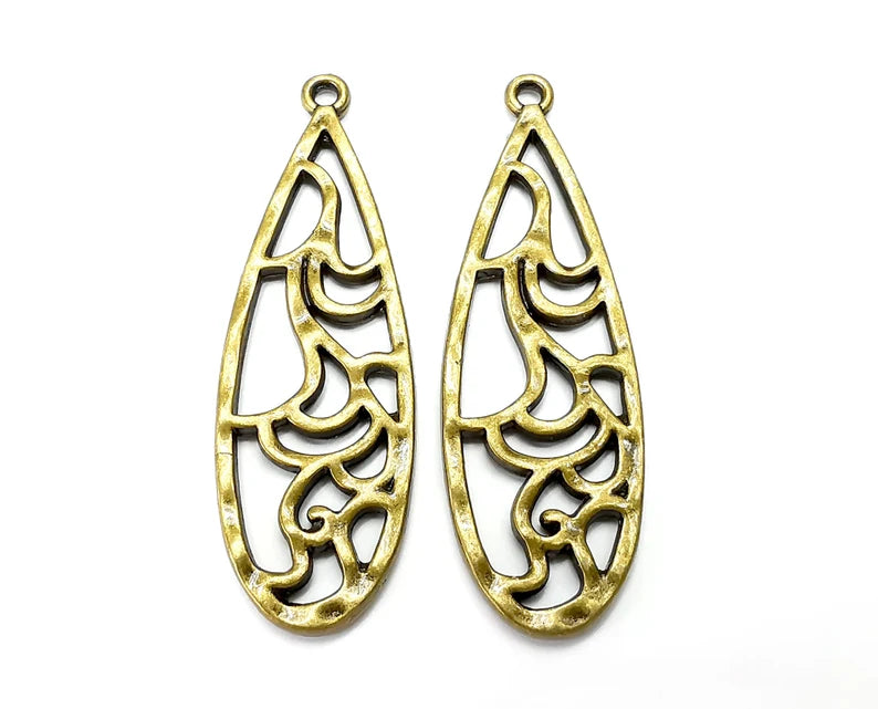 Hammered Drop Charms Organic Shape Antique Bronze Plated (53x17mm) G28390