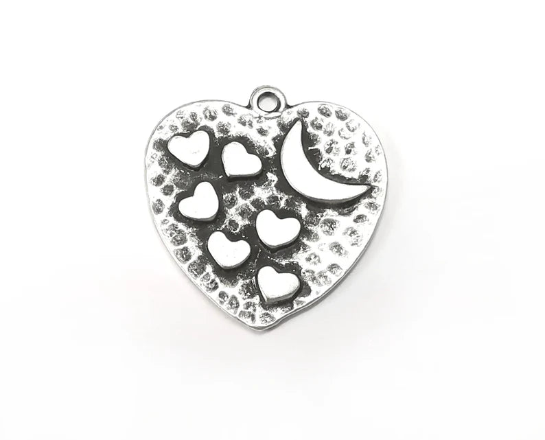 Hearts Charms Hammered Crescent Pendant Antique Silver Plated (28x27mm) G28504