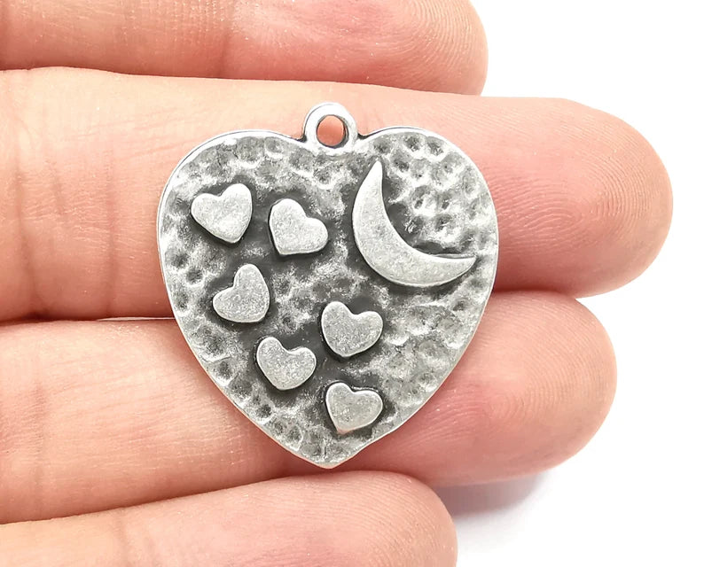 Hearts Charms Hammered Crescent Pendant Antique Silver Plated (28x27mm) G28504