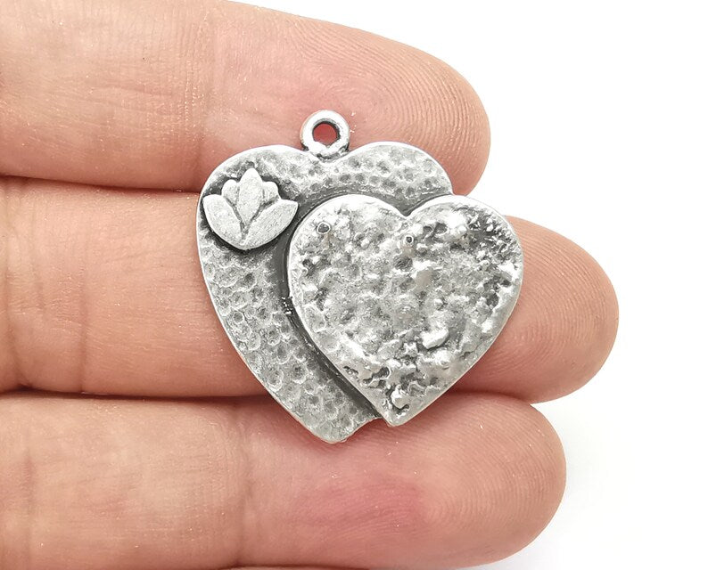 Heart Lotus Charms Pendant Antique Silver Plated (28x28mm) G28507