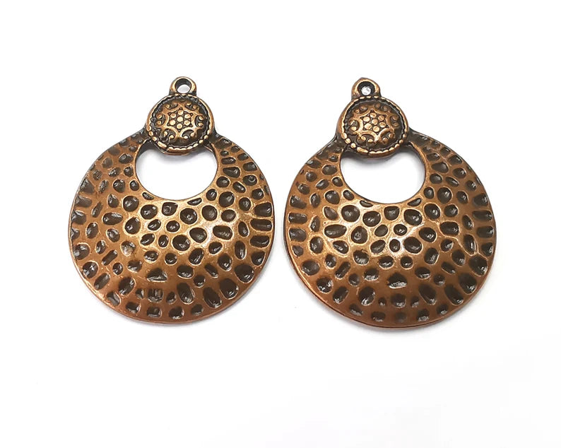 Hammered Dome Round Charms Antique Copper Plated Charms, Earring Dangle Components (35x27mm) G28429