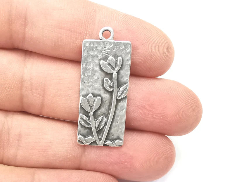 Flowers Rose Garden Charms Antique Silver Plated Plants Charms (35x14mm) G28511
