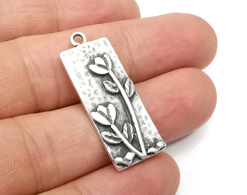 Flowers Rose Garden Charms Antique Silver Plated Plants Charms (35x14mm) G28511