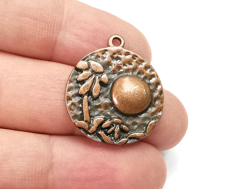 Flower Charms Moon Hammered Round Pendant Antique Copper Plated (28x25mm) G28518
