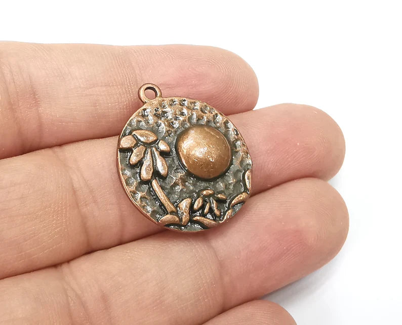 Flower Charms Moon Hammered Round Pendant Antique Copper Plated (28x25mm) G28518
